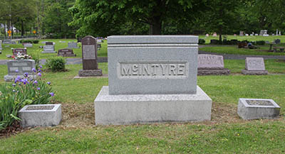 Front view of a gray granite grave marker reading 'MONTYRE' on a raised base, surrounded by other headstones in a green cemetery lawn.