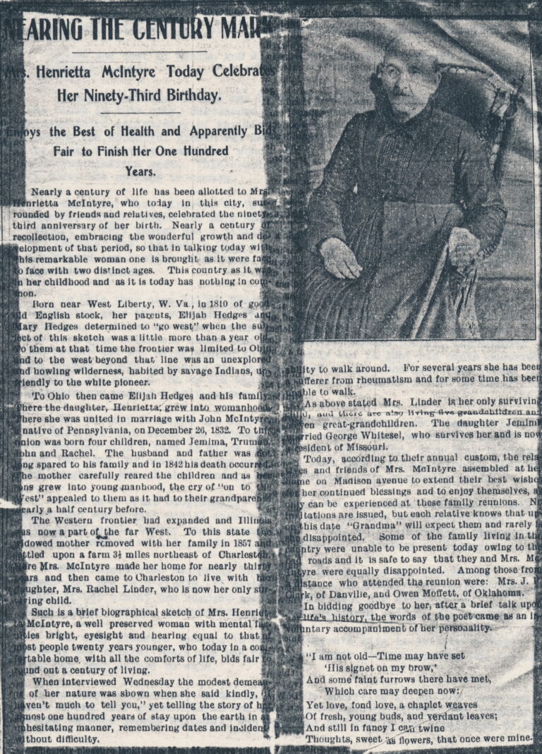 Newspaper clipping about Mrs. Henrietta McIntyre's ninety-something birthday celebration, with text on the left and a man in a chair on the right.