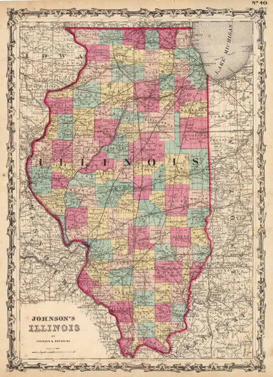 Vintage map of Illinois with pastel-colored counties (pink, yellow, blue, green) and a decorative border; title reads 'Johnson's Illinois' in the lower-left corner.