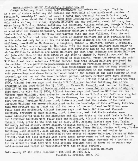 Typed legal document titled Miscellaneous Record 37 from Clinton Co., IN, listing heirs of Andrew McIntire and related land deeds.