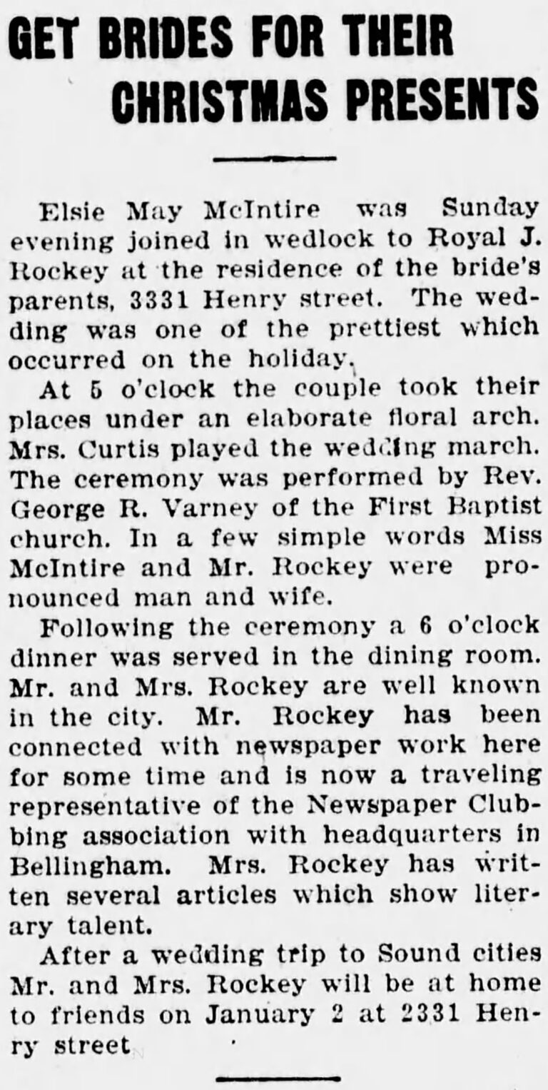 Newspaper article 'Get Brides for Their Christmas Presents' about Elsie May McIntire's wedding to Royal J. Rockey at 3331 Henry Street, with ceremony details.