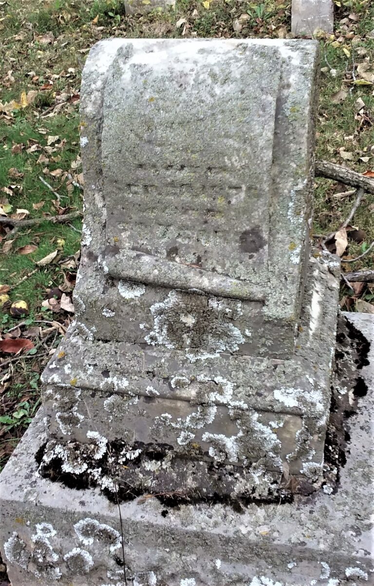 Weathered gray tombstone covered in lichen in a grassy cemetery area outside.
