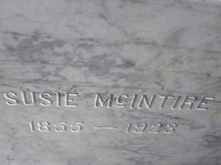 Marble gravestone inscription: SUSIE MCINTIRE, 1855–1923.