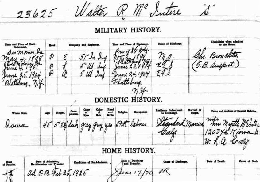 Historic military and domestic history form with handwritten entries for Walter R. McIntire, detailing enlistment, discharge, residence and birth information.